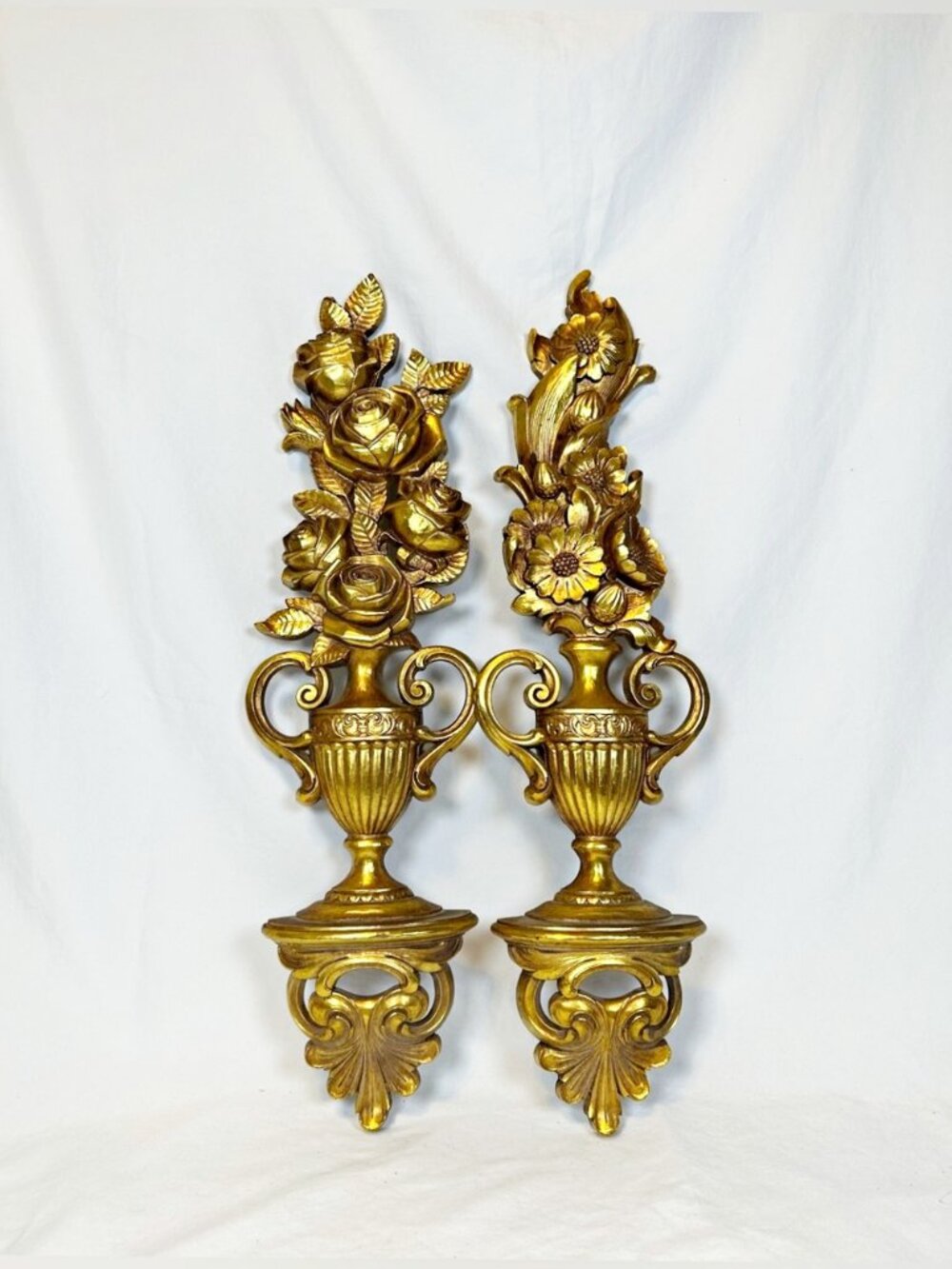 Vintage Syroco Set of 2 Gold Floral Hollywood Regency 23" Urn Wall Plaques